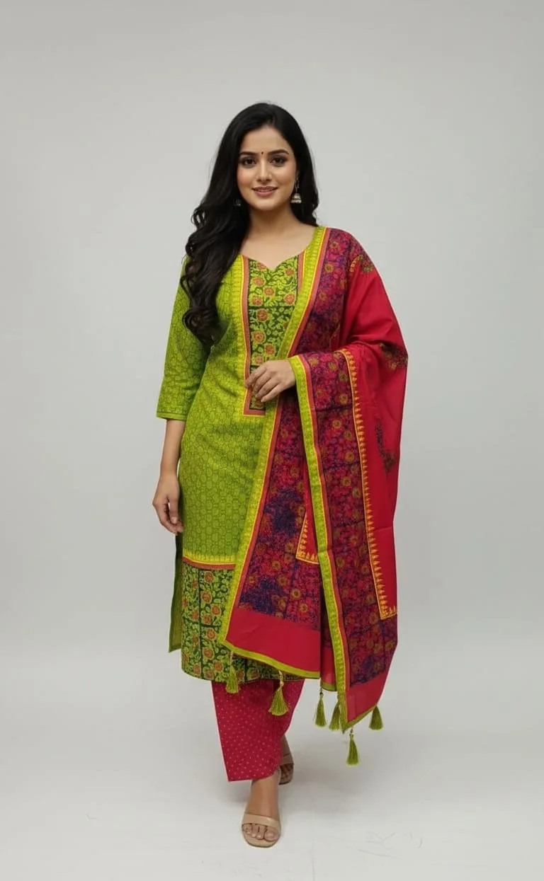 Hand Block Print Boil Fabric Unstitched Three Piece for Women (10)