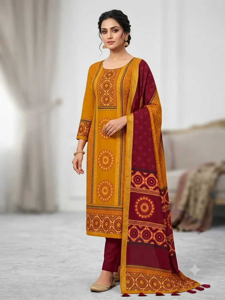 Hand Block Print Boil Fabric Unstitched Three Piece for Women (2)