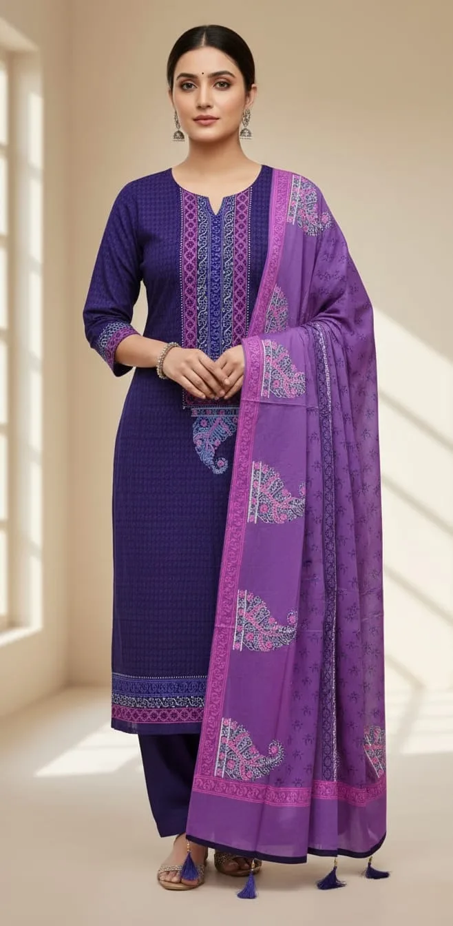 Hand Block Print Boil Fabric Unstitched Three Piece for Women (28)