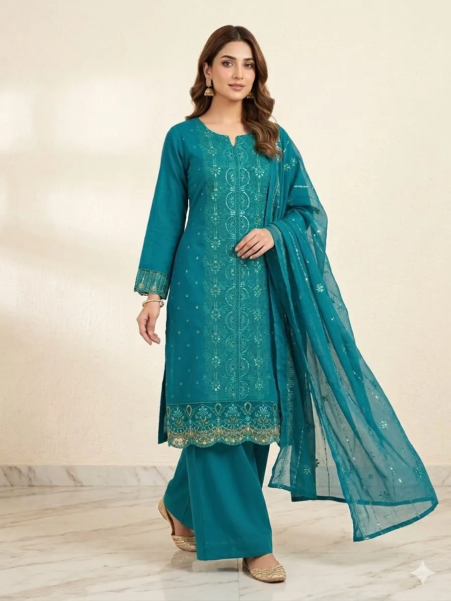Pakistani Inspired Cotton Embroidery Unstitched Three Piece for Women (2)