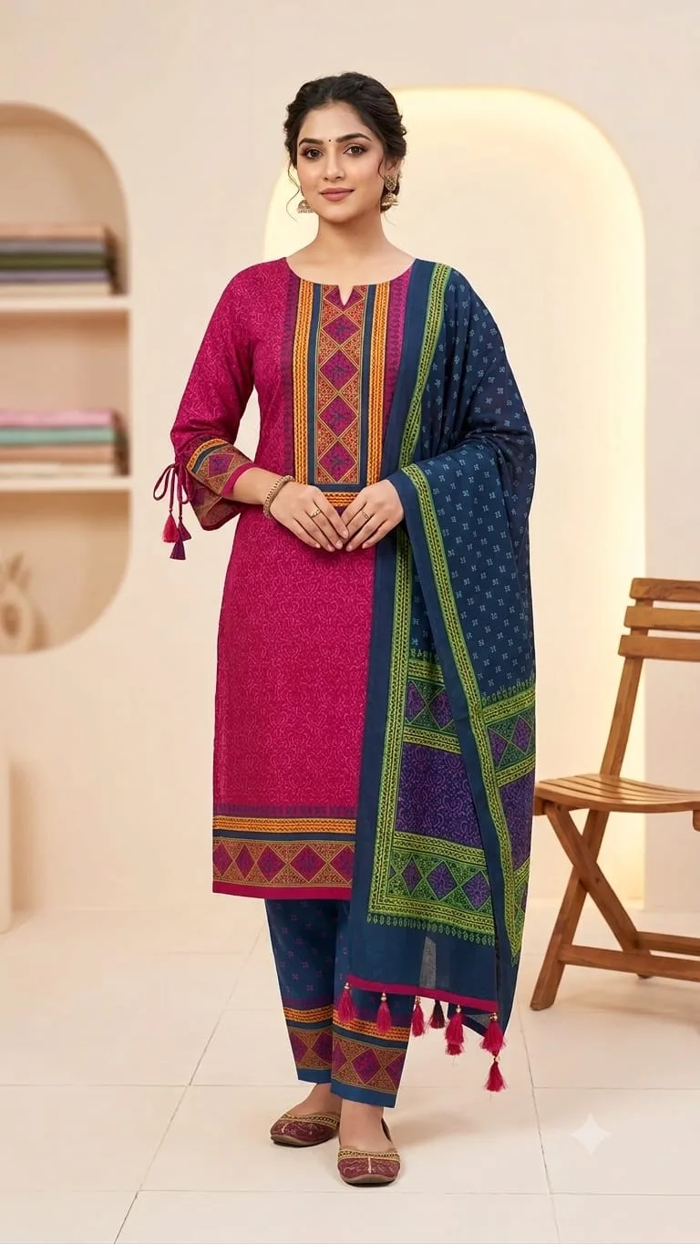 Hand Block Print Boil Fabric Unstitched Three Piece for Women (22)