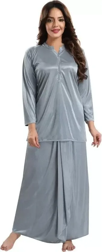 Premium Satin Nightwear Set – Long Sleeve Top & Lungi
