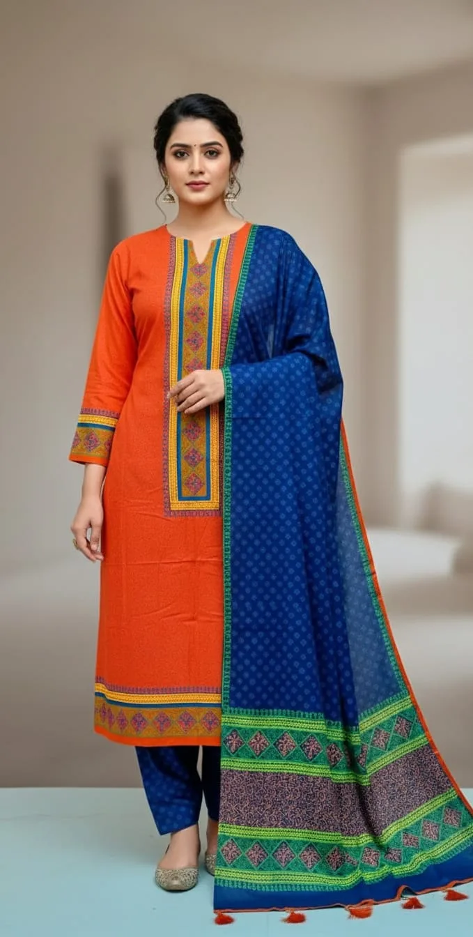 Hand Block Print Boil Fabric Unstitched Three Piece for Women (3)