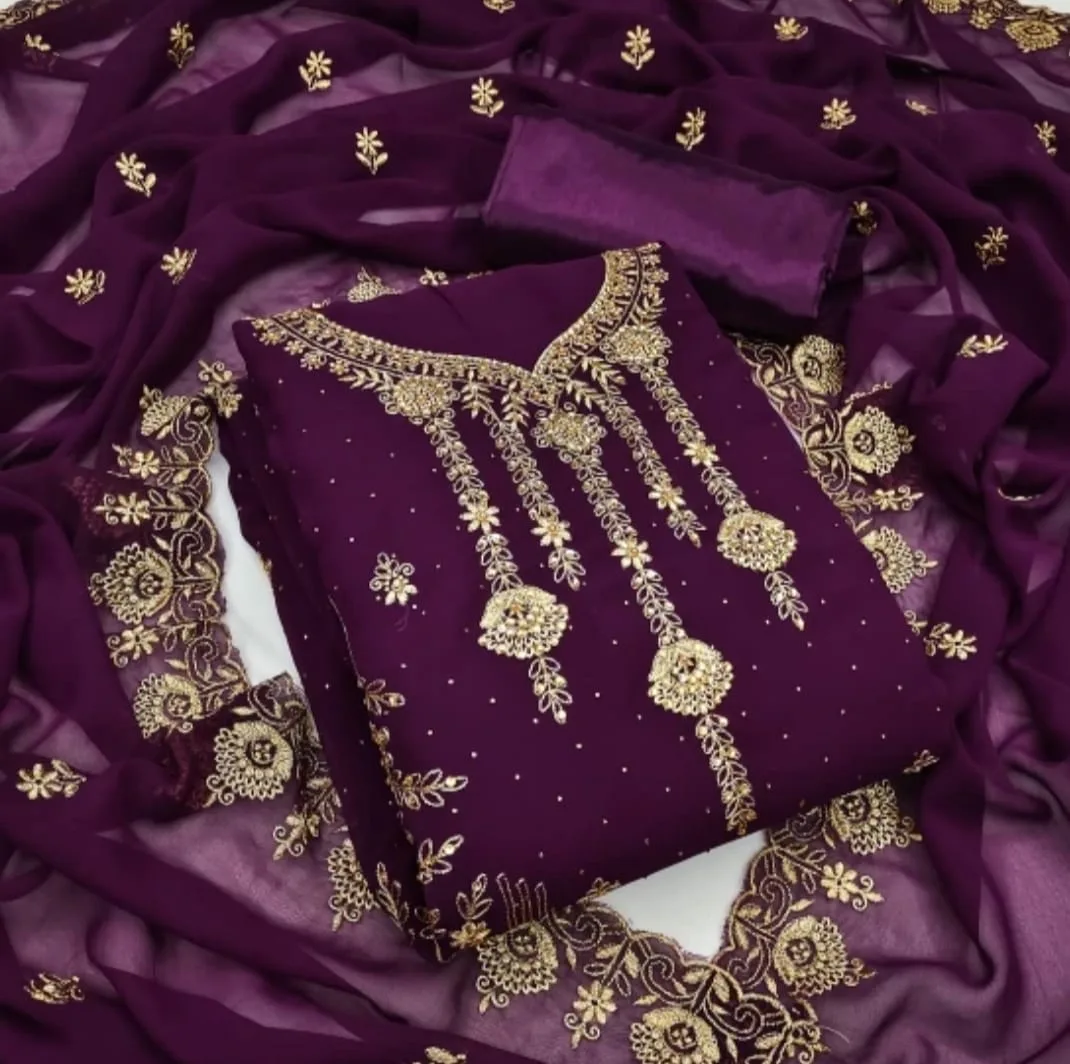 Embroidery Georgette Semi-Stitched Three Piece for Women