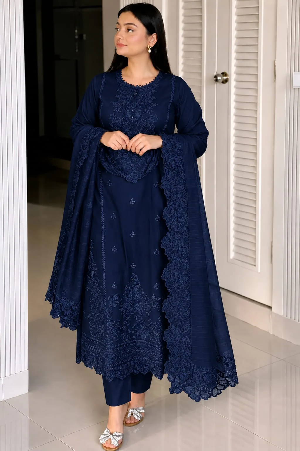 Premium Embroidery Three Piece â Soft Cotton & Georgette Dupatta