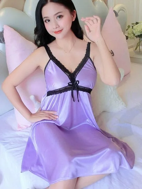 Premium Silk Satin Night Dress with Lace & Matching Panty