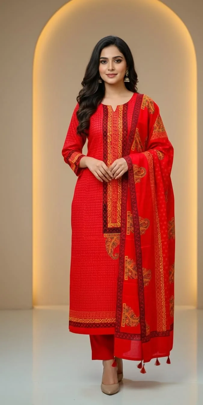 Hand Block Print Boil Fabric Unstitched Three Piece for Women (23)