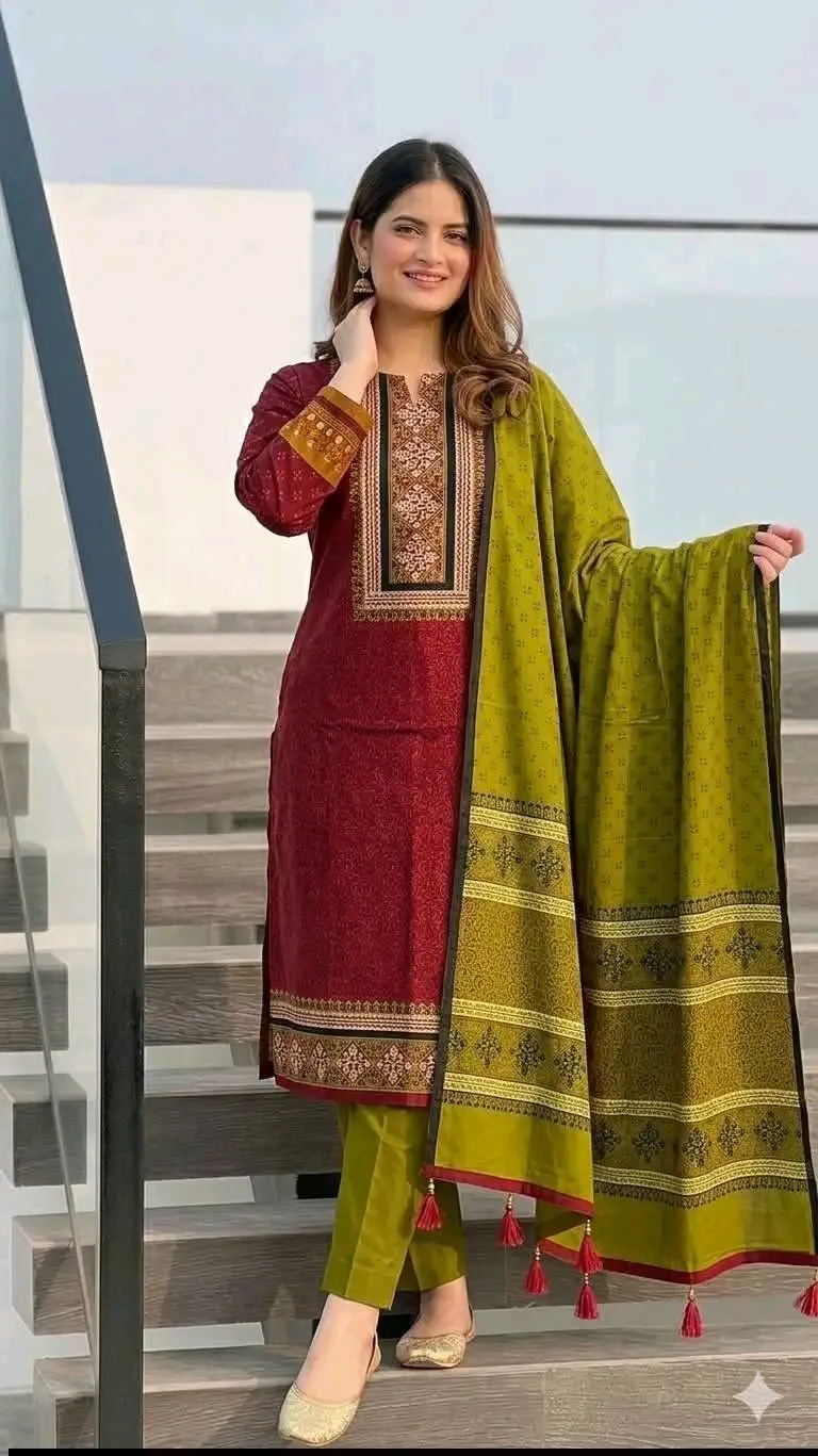 Hand Block Print Boil Fabric Unstitched Three Piece for Women (20)