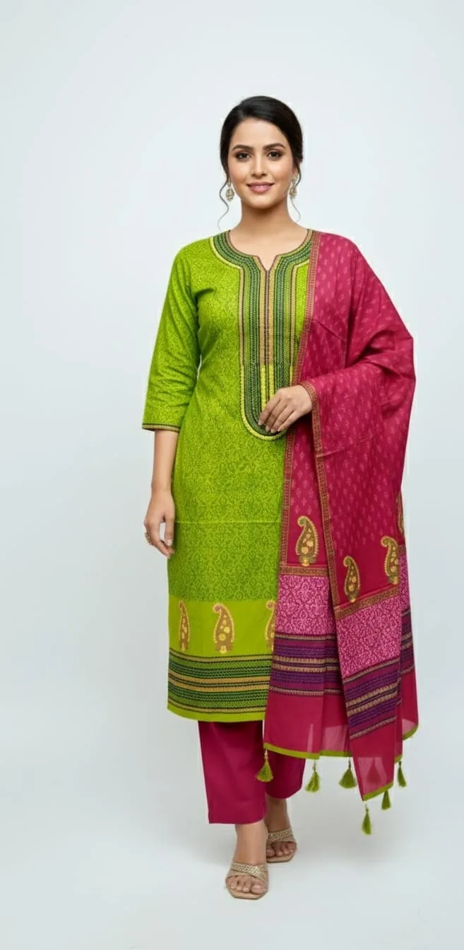 Hand Block Print Boil Fabric Unstitched Three Piece for Women (11)