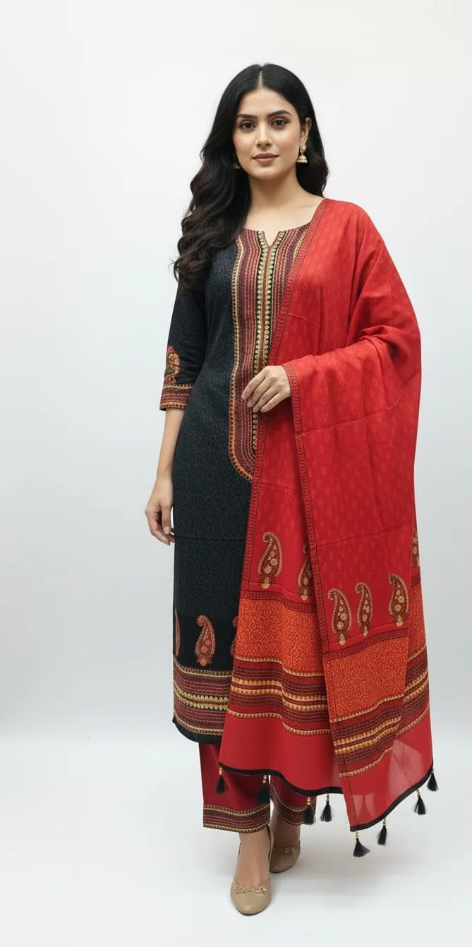 Hand Block Print Boil Fabric Unstitched Three Piece for Women (1)