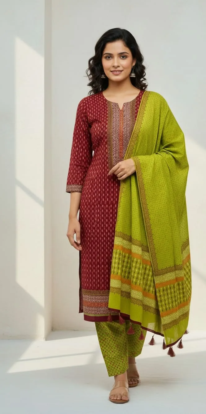 Hand Block Print Boil Fabric Unstitched Three Piece for Women (7)