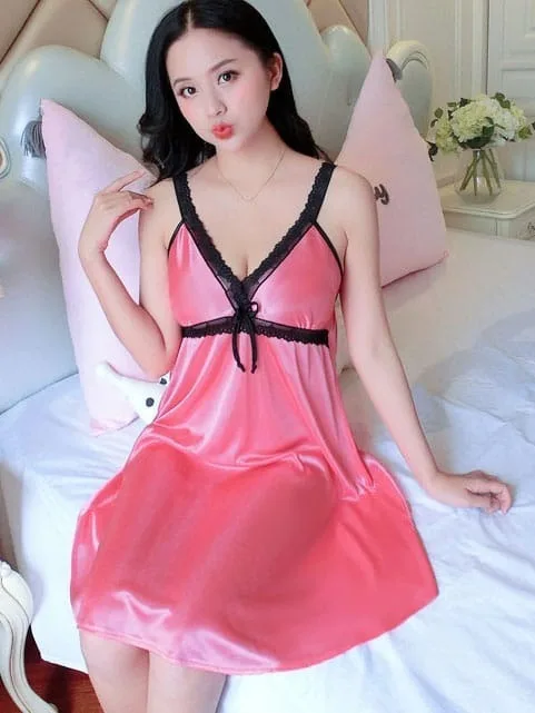 Premium Silk Satin Night Dress with Lace & Matching Panty