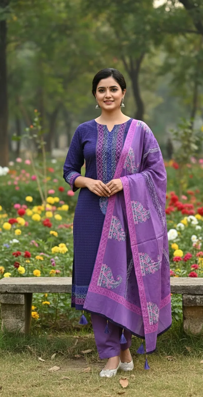Hand Block Print Boil Fabric Unstitched Three Piece for Women (25)