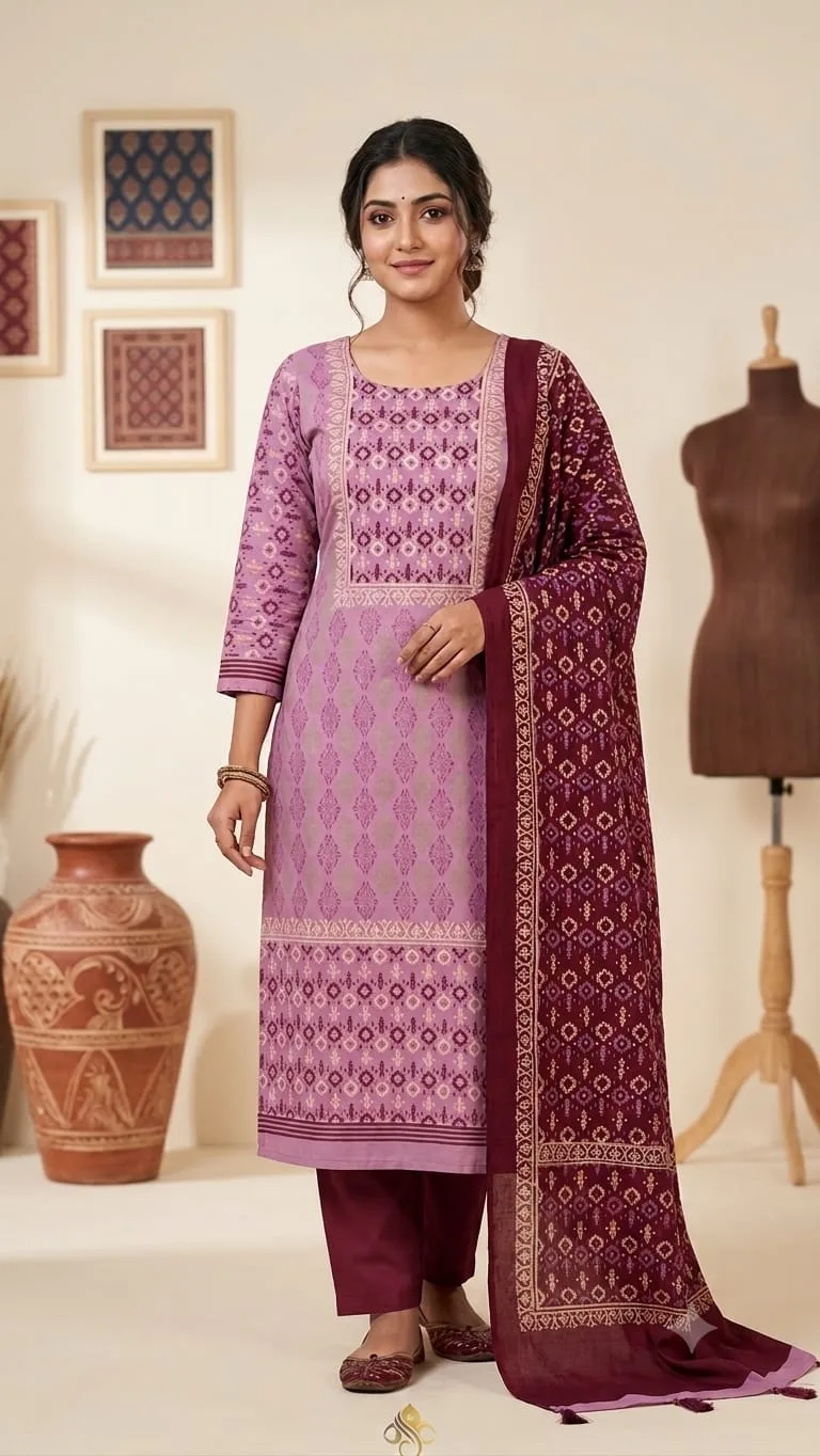 Hand Block Print Boil Fabric Unstitched Three Piece for Women (24)