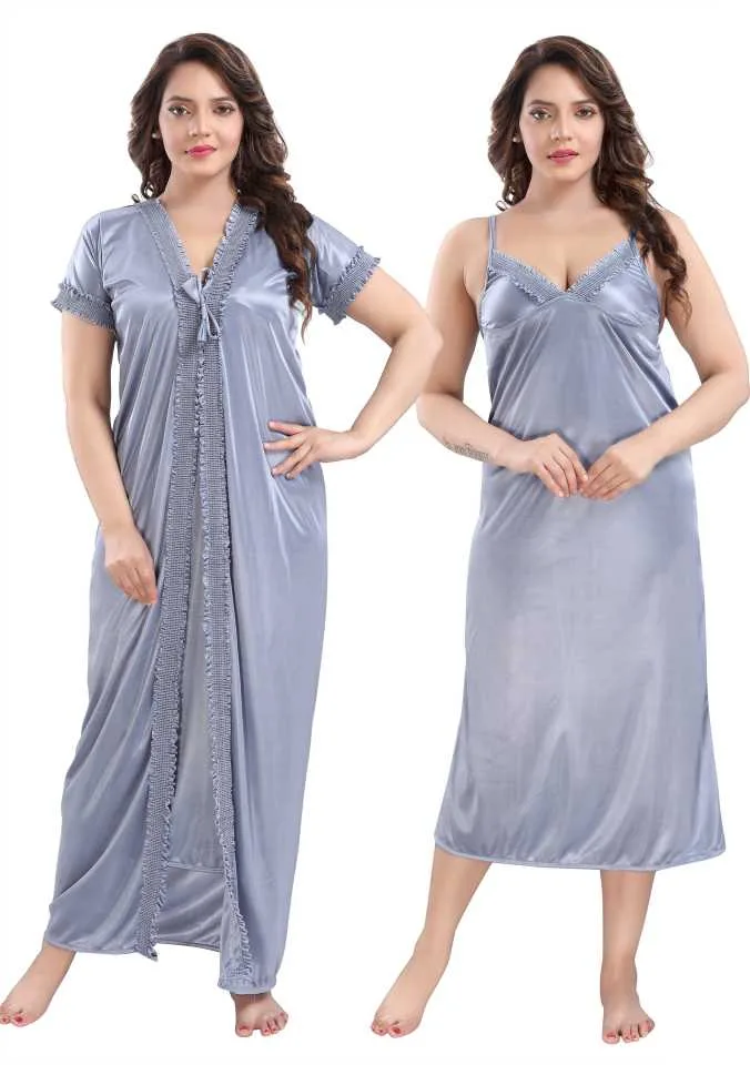 Premium Satin 2-Piece Nighty Set with Smocking Work