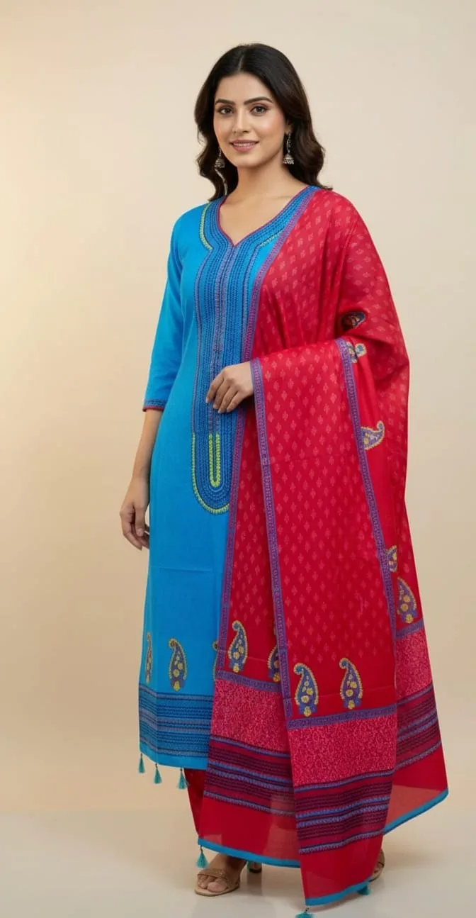 Hand Block Print Boil Fabric Unstitched Three Piece for Women (4)