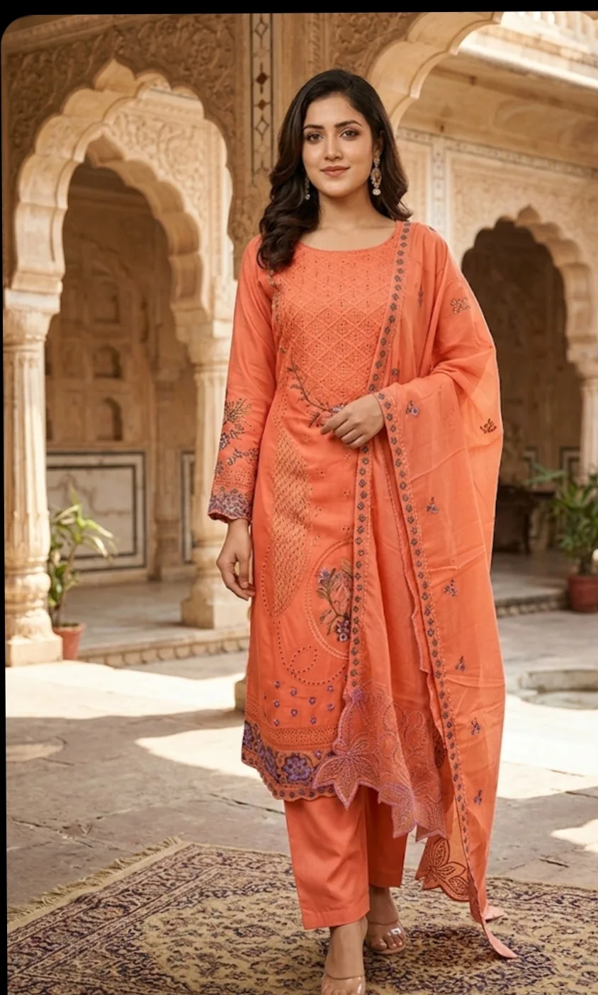 Pakistani Inspired Cotton Embroidery Unstitched Three Piece for Women (6)