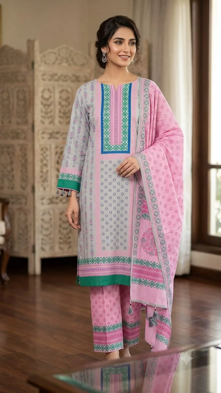 Hand Block Print Boil Fabric Unstitched Three Piece for Women (17)