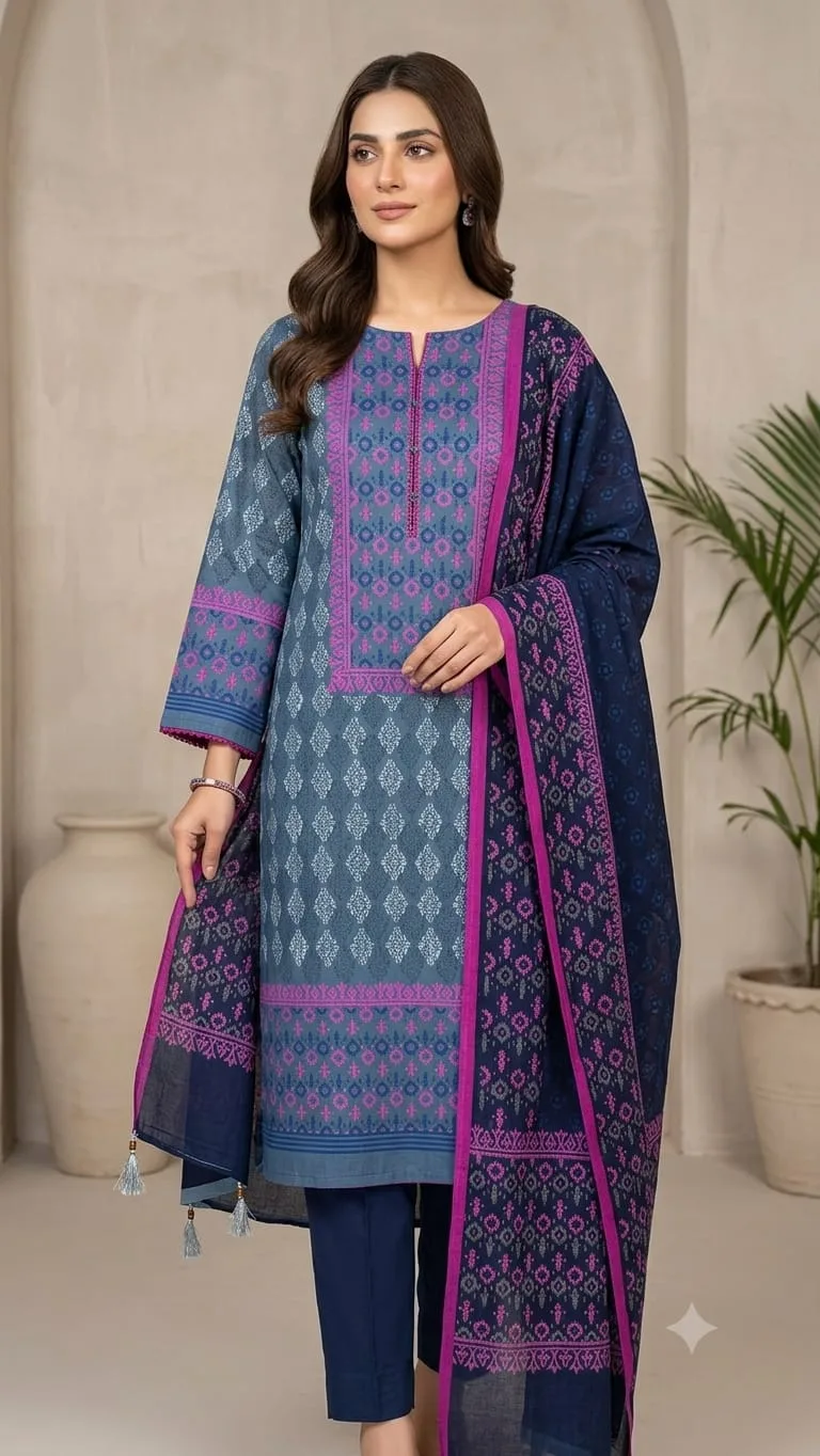Hand Block Print Boil Fabric Unstitched Three Piece for Women (15)