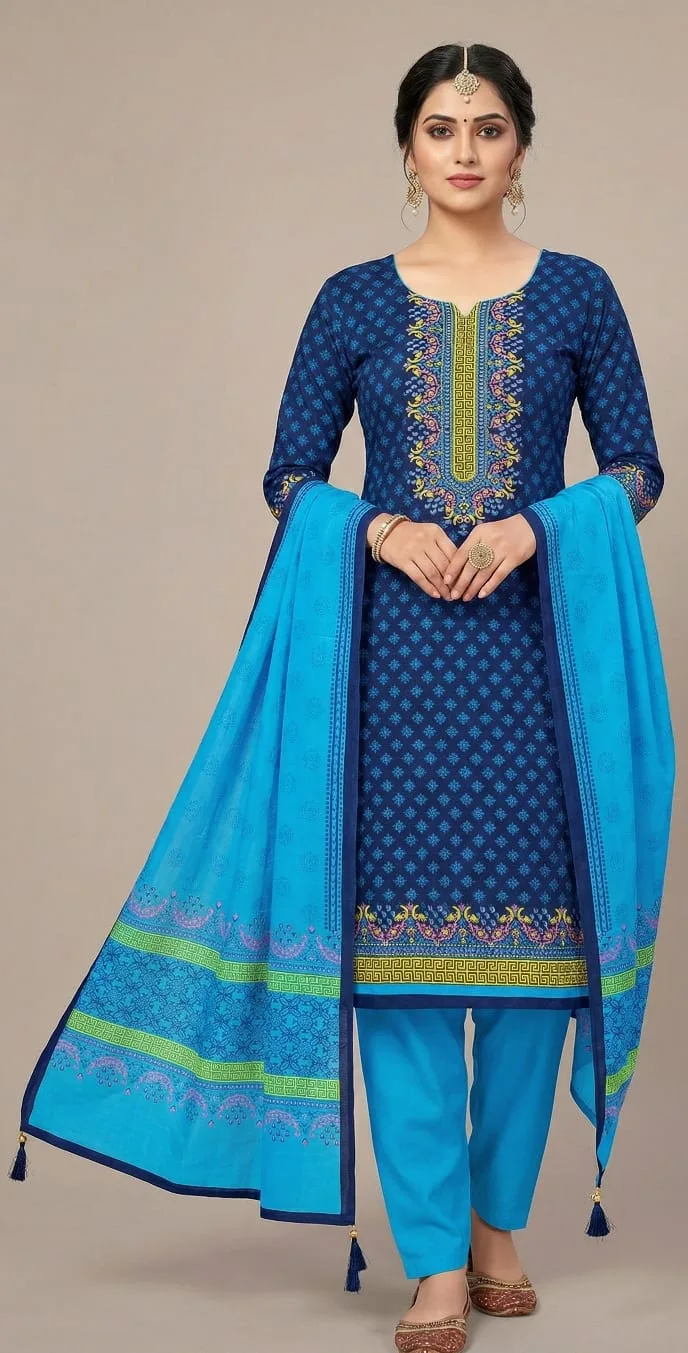 Hand Block Print Boil Fabric Unstitched Three Piece for Women (5)