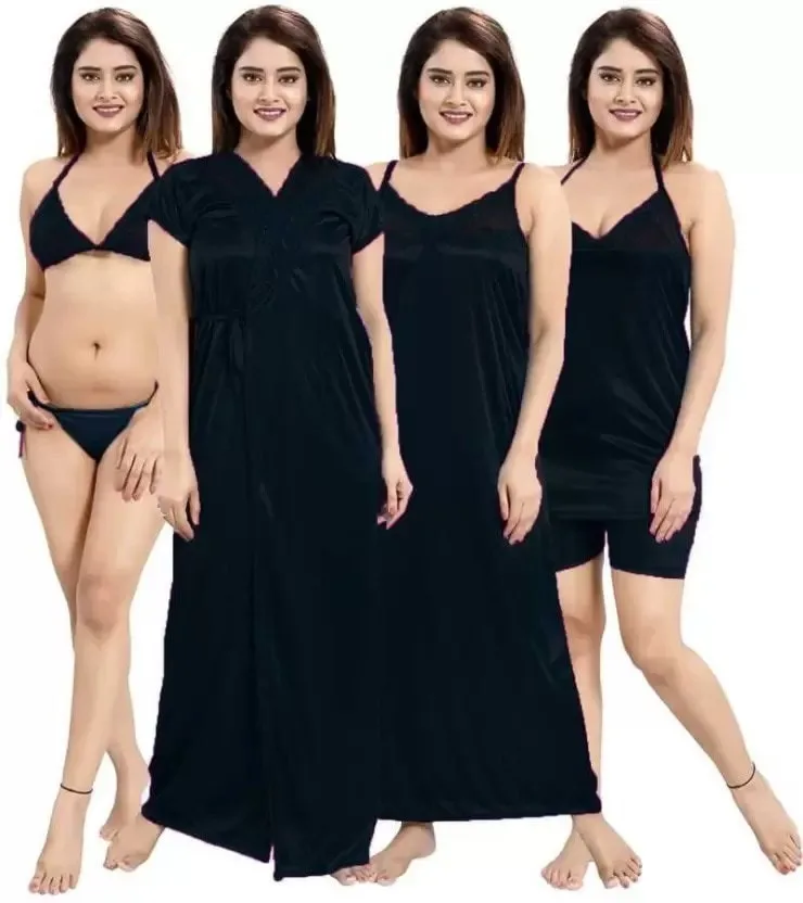 Premium Satin Nightwear Set for Women – Bra, Panty, Nighty & Top